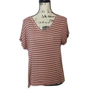ActiveUSA Striped V-Neck T-Shirt | Women’s Size S | Pink & White Casual Top
